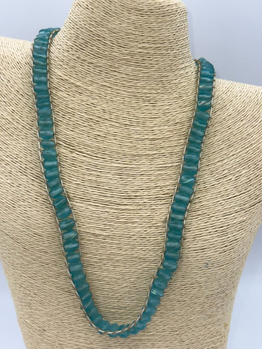Aqua Frosted Glass Bead Necklace Sea Glass Style Long Strand Necklace